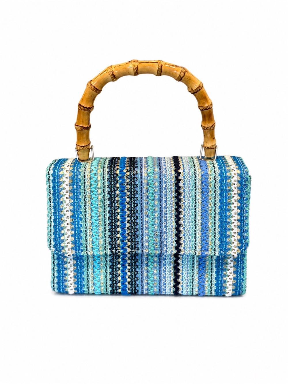 Haute Hippie Blue Multi-Stripe Woven Top-Handle Bag with Bamboo Handle